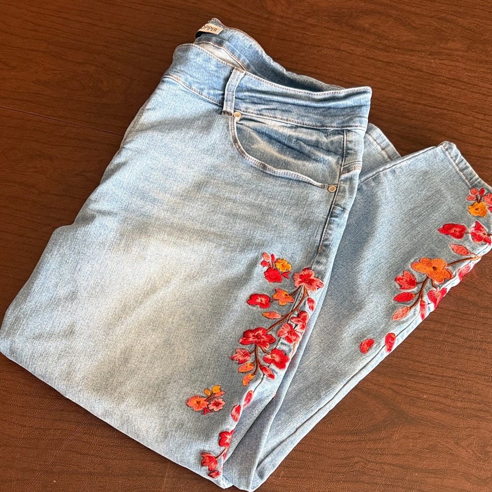 Sandpiper Light Wash Women's Jeans with Red & Orange Floral Embroidery 22W